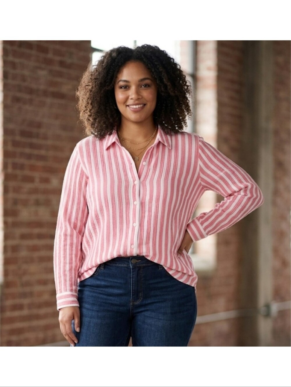 Universal Thread Crinkle Long Sleeve Striped Button Down Top Pink & White XXL